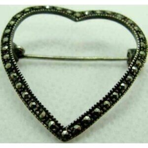 Sterling Silver Brooch Woman Large Open Heart Marcacite Covered 1 1/4" x 1 1/4"